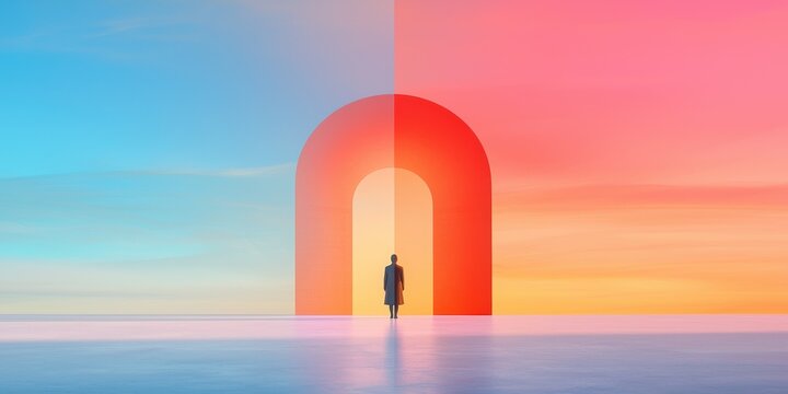 A journey through a colorful archway scenic landscape digital artwork serene environment wide viewpoint inspirational concept