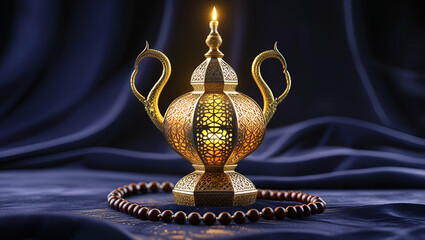 A golden Ramadhan lamp with Islamic rosary beads on dark background
