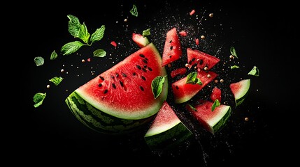 Juicy watermelon slices explode against a dark background, creating a vibrant and refreshing image.