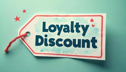 Colorful loyalty discount tag with decorative elements on a soft blue background, ideal for promotions