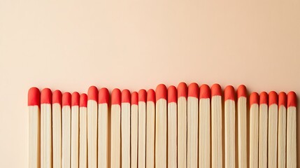 Naklejka premium Close-up of neatly aligned wooden matchsticks with vibrant red tips, arranged symmetrically on a plain light background for a minimalist aesthetic