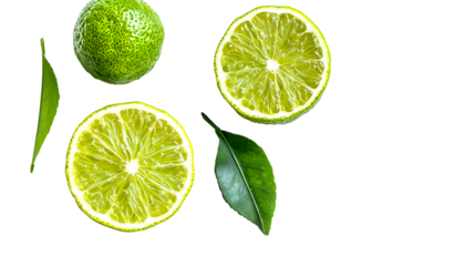 Fresh bergamot fruit, halved to reveal its vibrant interior, accompanied by lush green leaves. Isolated on a transparent background.