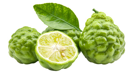 Fototapeta premium Fresh bergamot fruit, halved to reveal its vibrant interior, accompanied by lush green leaves. Isolated on a transparent background.
