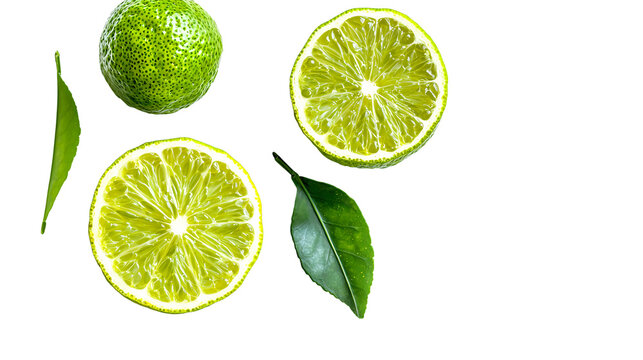 Fresh bergamot fruit, halved to reveal its vibrant interior, accompanied by lush green leaves. Isolated on a transparent background.