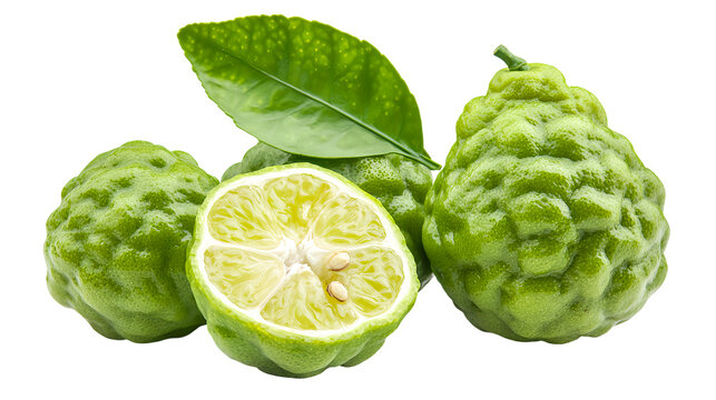 Fresh bergamot fruit, halved to reveal its vibrant interior, accompanied by lush green leaves. Isolated on a transparent background.