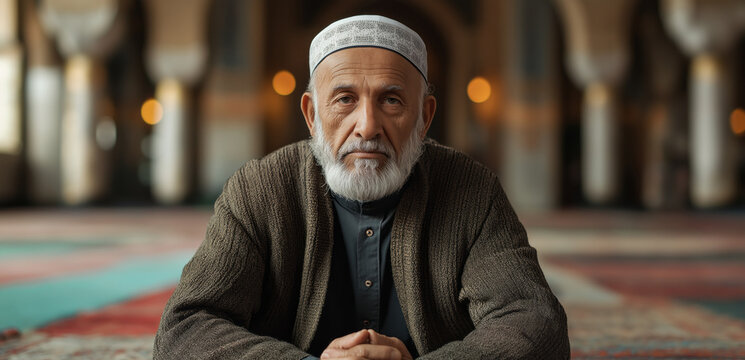 In a moment of contemplation, a devoted Muslim man sits cross-legged on the plush carpet of the mosque