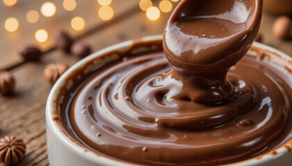 Rich melted chocolate fondue with swirling spoon in warm lighting