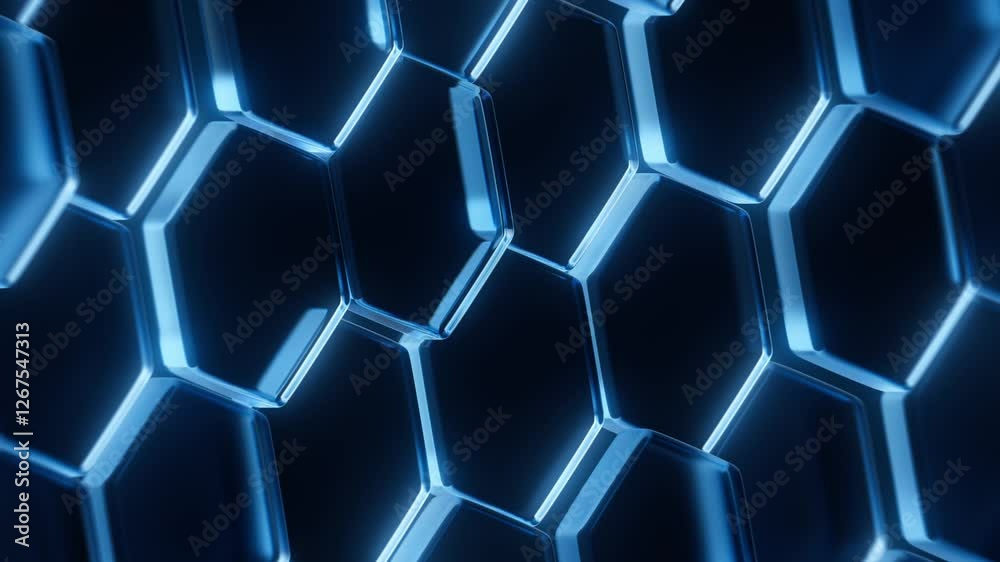 Poster hexagon background. blue abstract hexagonal glass pattern 3d render. empty blank with mosaic structu