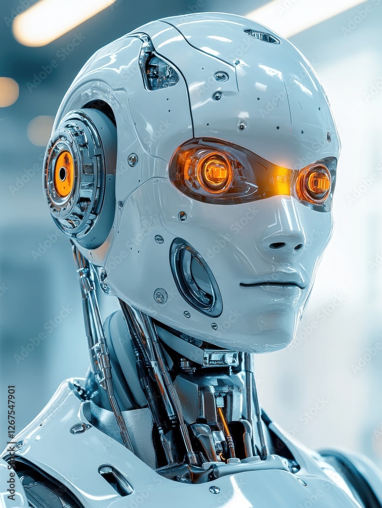 Poster Humanoid robot with a retro design symbolizing the evolution of robotics and AI captured in a bright detailed setting