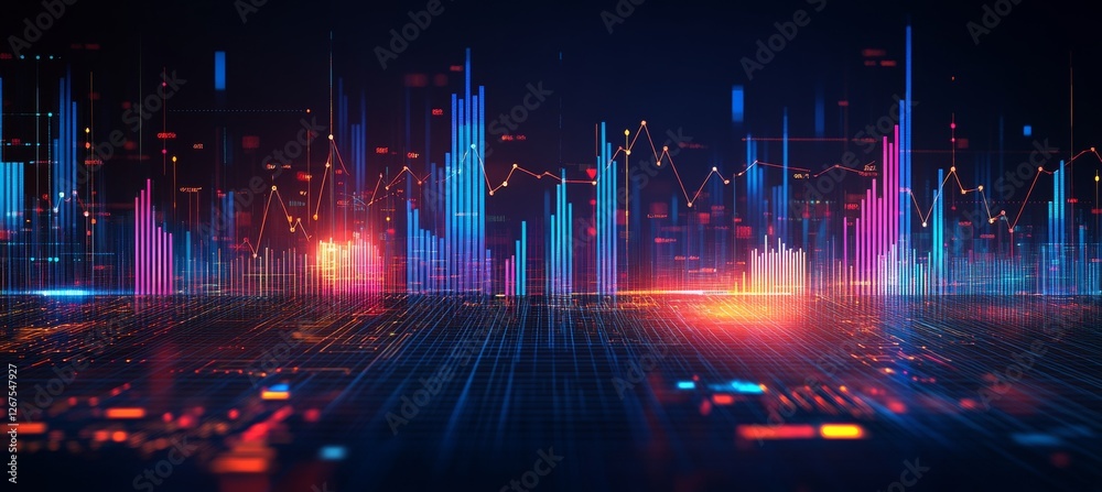 Poster abstract financial data visualization with glowing graphs and charts on a dark background