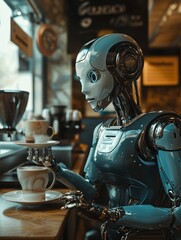 portrait of humanoid android robot waiter serving coffee in a cafe
