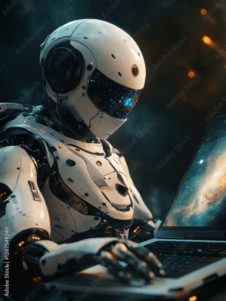 Poster humanoid robot using laptop with nebula display