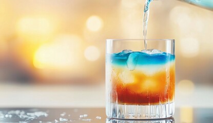 Refreshing cocktail with layered colors being poured in a glass at sunset
