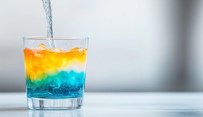 Colorful layered drink with ice being poured in a clear glass on a marble surface