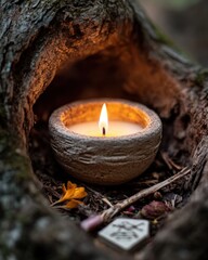 A single candle flickers inside a hollow tree, surrounded by mystical rune stones and natural elements