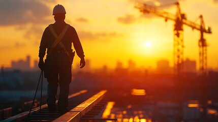 Fototapeta premium A silhouetted construction worker stands on a beam against a vibrant sunset, with cranes and a city skyline in the background.