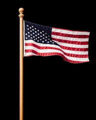 Naklejka premium Waving American flag on a pole against a dark background.