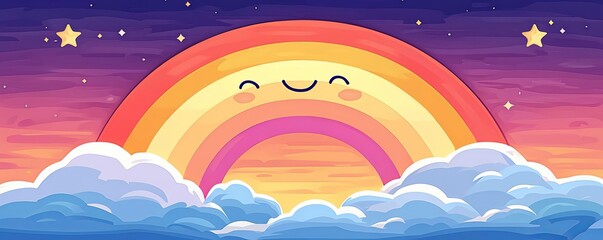 A cheerful rainbow smiling over fluffy clouds in a colorful sky, radiating joy and happiness.