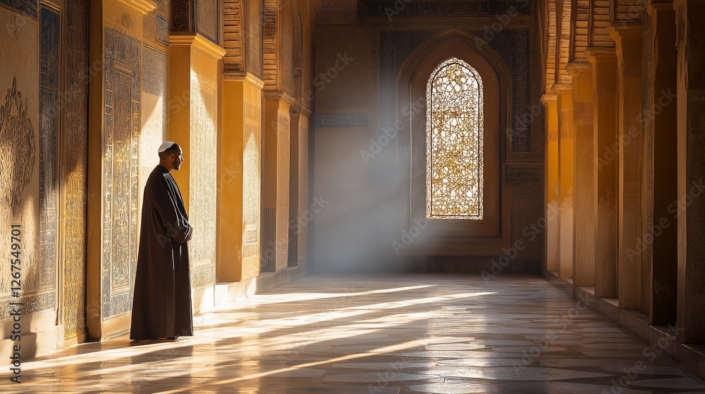Poster a muslim man stands in serene contemplation within a beautifully designed mosque, illuminated by sof