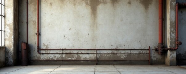 Weathered concrete wall with rusty metal railings and industrial pipes, rust, steel, grunge texture