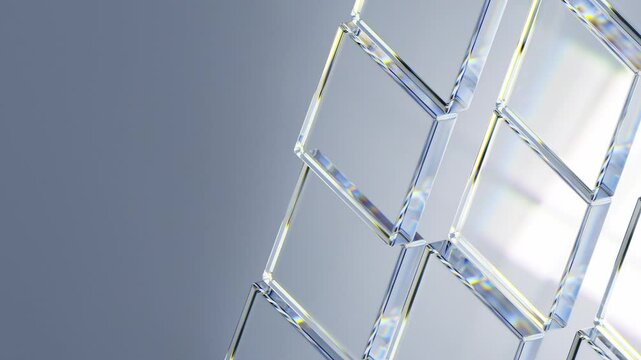 Bright 3d background with glass and light animation. Abstract empty blank with copy space for creative business concept. Minimal neutral template. Shiny mosaic motion texture. Seamless loop.