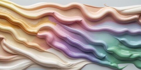Multicolored liquid foundation texture featuring warm and cool tones in horizontal rows showcasing creamy smooth hues for beauty applications