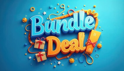Colorful promotional graphic featuring a bundle deal with gifts and festive decorations on a blue background