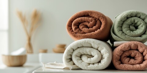 Rolled towels in warm earth tones ideal for enhancing clean bathroom aesthetics and promoting spa relaxation concepts.