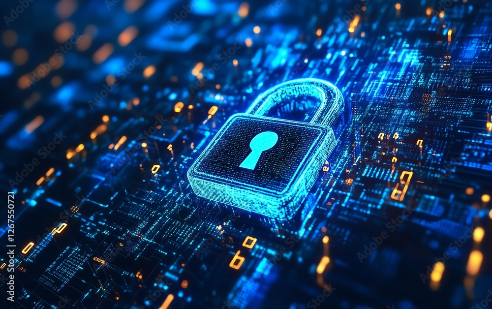 Poster tech security concept with a blue digital background, a glowing padlock symbol, binary code flowing,