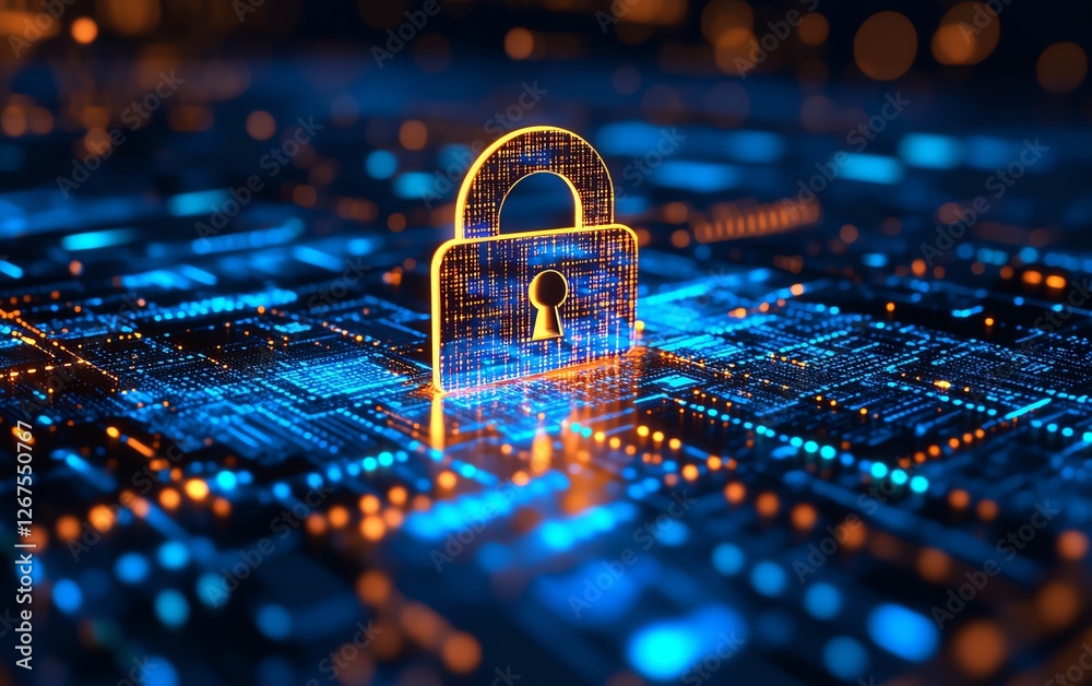 Poster tech security concept with a blue digital background, a glowing padlock symbol, binary code flowing,