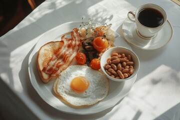 A close-up shot of a delicious breakfast featuring crispy bacon, sunny-side-up eggs, grilled tomatoes, mushrooms, toast, baked beans, and a cup of coffee on a white plate, all bathed in soft light.