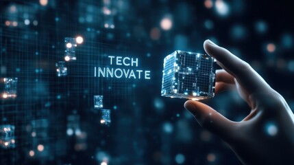 Fototapeta premium Digital Innovation Concept with Hand Holding Futuristic Cube
