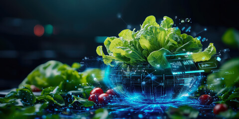 This futuristic image showcases a high-tech salad bowl filled with vibrant lettuce and tomatoes, symbolizing the blend of agriculture and digital innovation for sustainable food sources.