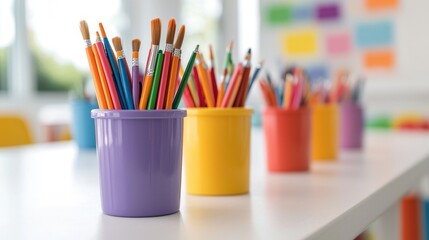Colorful art supplies in containers on a white table in a classroom