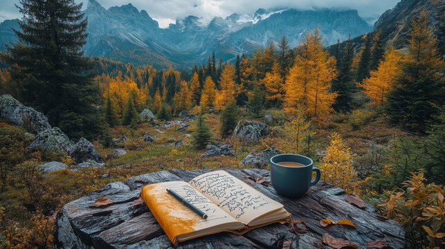 Autumnal mountain landscape with journal and coffee. - Powered by Adobe