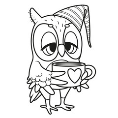 Cute cartoon little sleepy owl with big cup cf coffee or tea outlined isolated on white background
