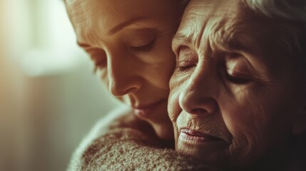 Close-up of a tender caregiver with her hands on the shoulders of a senior woman inside her home. Blurred surrounding. Panorama.