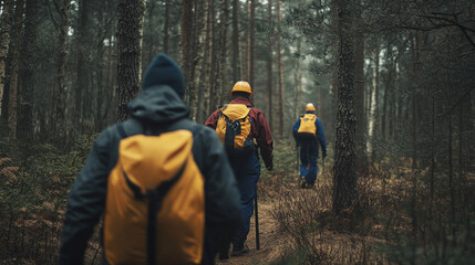 Naklejka premium Explorers venture through a misty forest trail, embracing the calm of nature and adventure together
