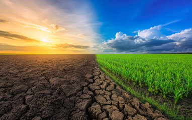 This striking image contrasts barren land on the left with flourishing crops on the right, symbolizing the stark effects of climate and cultivation on our environment.
