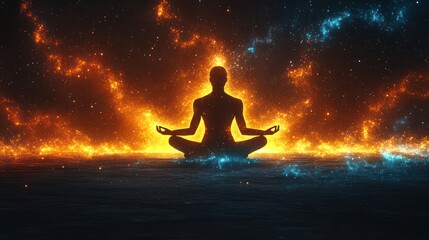 Silhouetted Figure in Meditation, Cosmic Fire Background