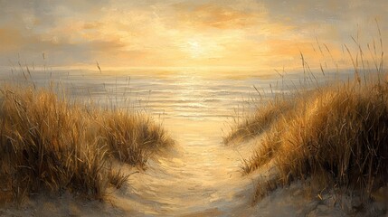 Serene sunrise pathway through dune grass to tranquil beach
