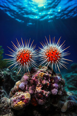 Obraz premium Discover the vibrant world beneath the waves with striking sea urchins perched on colorful coral reefs, illuminated by serene sunlight filtering through the ocean’s surface.