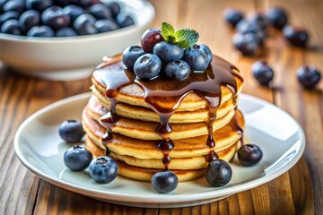 Tiny pancakes, a blueberry chocolate dream, photographed with a tilt-shift lens.