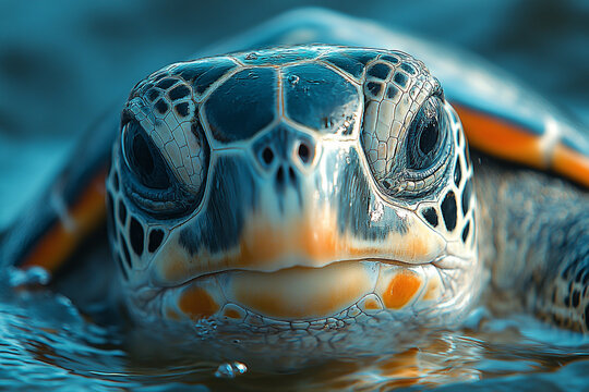 Mesmerizing sea turtle portrait, reflecting the calm ocean surface