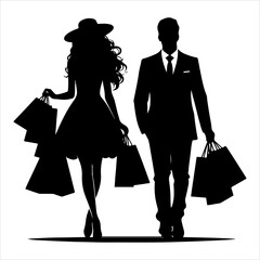 
Shopping silhouette vector. silhouette vector icon. Holding shopping bag with man and woman silhouette illustration