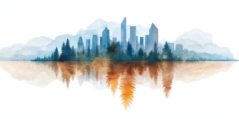 Fototapeta premium Urban landscape reflection in nature city skyline digital art calm waters aesthetic serenity