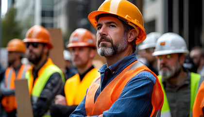Construction workers stand in picket line outside building site. Wear hard hats, safety vests. Hold signs to express demands. Workers protest for better wages, conditions. Labor action taking place