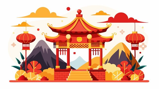 Against the backdrop of majestic hills, a Chinese pavilion stands as a focal point, its elegant structure enhanced by the vibrant colors of red and gold New Year decorations, creating a visually stun