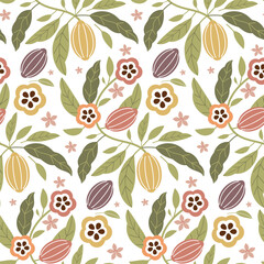 Cocoa vector seamless pattern. Chocolate cocoa beans background. Vector hand drawn illustration. Vintage style illustration.