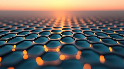 Naklejka premium A mesmerizing close-up view of a hexagonal patterned surface glistening under a stunning sunset, showcasing the interplay of light and texture, perfect for backgrounds or modern design projects.